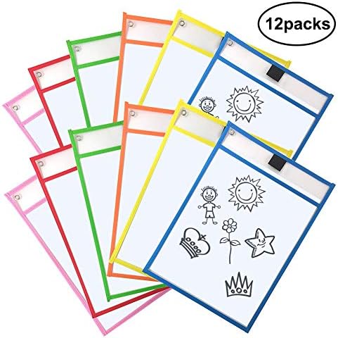 Dry Erase Pockets, 12 pcs Multicolored Reusable Dry Erase Pockets, Oversize 15 x 11 Inches, Perfect for Office Supplies Classroom Organization, Home School Teaching Supplies for Kids Students Teachers
