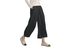 ECUPPER Womens Casual Loose Elastic Waist Cotton Trouser Cropped Wide Leg Pants