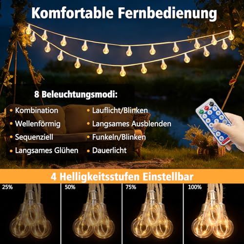 DBFAIRY 10 m Solar Fairy Lights Outdoor with 20 Bulbs, Solar Fairy Lights Outdoor Weatherproof with Timer 8 Modes, Vintage Hemp Rope Solar Fairy Lights Outdoor for Garden Balcony Party (Warm White)