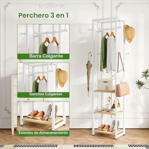IBUYKE Perchero independiente con 3 estantes y 8 ganchos, perchero industrial para entrada, pasillo, dormitorio, 180 x 40 x 30 cm, color natural y blanco TMJ088R