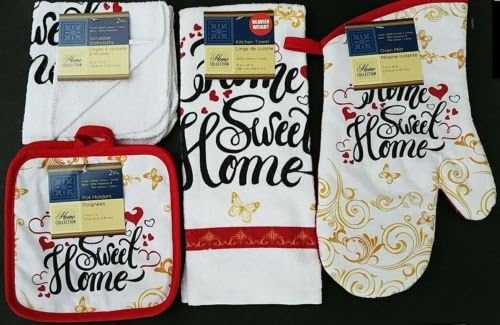The Pecan Man Home Collection HOME SWEET HOME Linen Everyday Kitchen Set of 6 Ovenmitt &amp; 2Potholders &amp; Towel &amp; 2Dishcloths