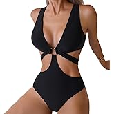 Favnac Women's Deep V Neck One Piece Swimsuit O-Ring Swimwear Sexy Cut Out Bathing Suit
