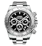 LOREO Mens Automatic Machine Multifunction Silver Stainless Steel Sapphire Glass Black Waterproof Watch