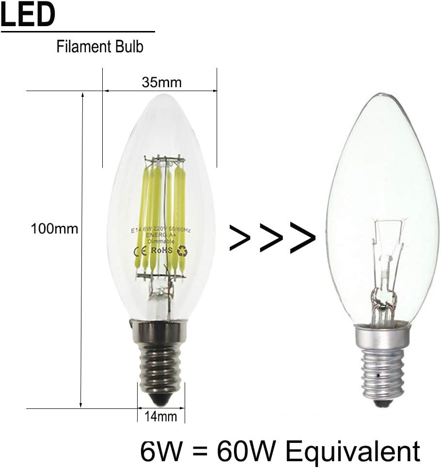 ZFQ Pack of 10 E14 Candle LED Lamp for Chandelier, Edison Led Filament Retrofit Classic, 6W, 600LM, 6500K Cold White, Equivalent Incandescent 60W, AC 220-240V, Dimmable - Image 3