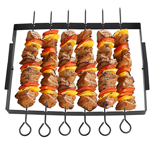 POLIGO Heavy Duty Barbecue Skewer Shish Kabob Set, 14” Stainless Steel Shish Kabob Skewers and Foldable Grill Rack - Great for Charcoal, Electric or Gas Grill (Set of 6 Skewers + Grill Rack) - Thumbnail 5