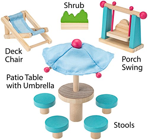 Dragon Drew Wooden Dollhouse Furniture and Family Bundle: Including 1 Doll Family with Dog, 1 Patio Set and 1 Bathroom Set - Colorful Dollhouse Accessories Set - (20 PCS)