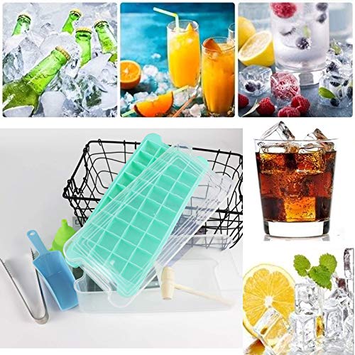 FADIKX Silicone Ice Cube Tray With Lid 36 Ice Cube Molds With Scoop Ice Tongs Silicone Funnel & Wooden Hammer Ice Box Container for Freezer,Chilled Drinks, Whiskey, Cocktail, Food(Blue or Green))