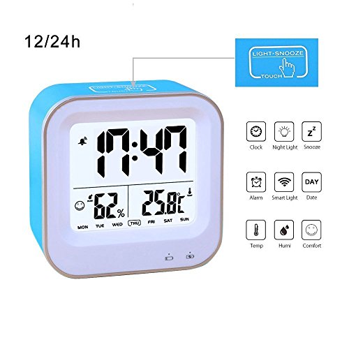 Bedroom 3 in1 Multifunction Alarm Clock, Rechargeable Alarm Clock with 12h or 24h/Temperature(C/F)/Humidity/Week Display, Snooze/Smart Nightlight Function (9909-Blue)
