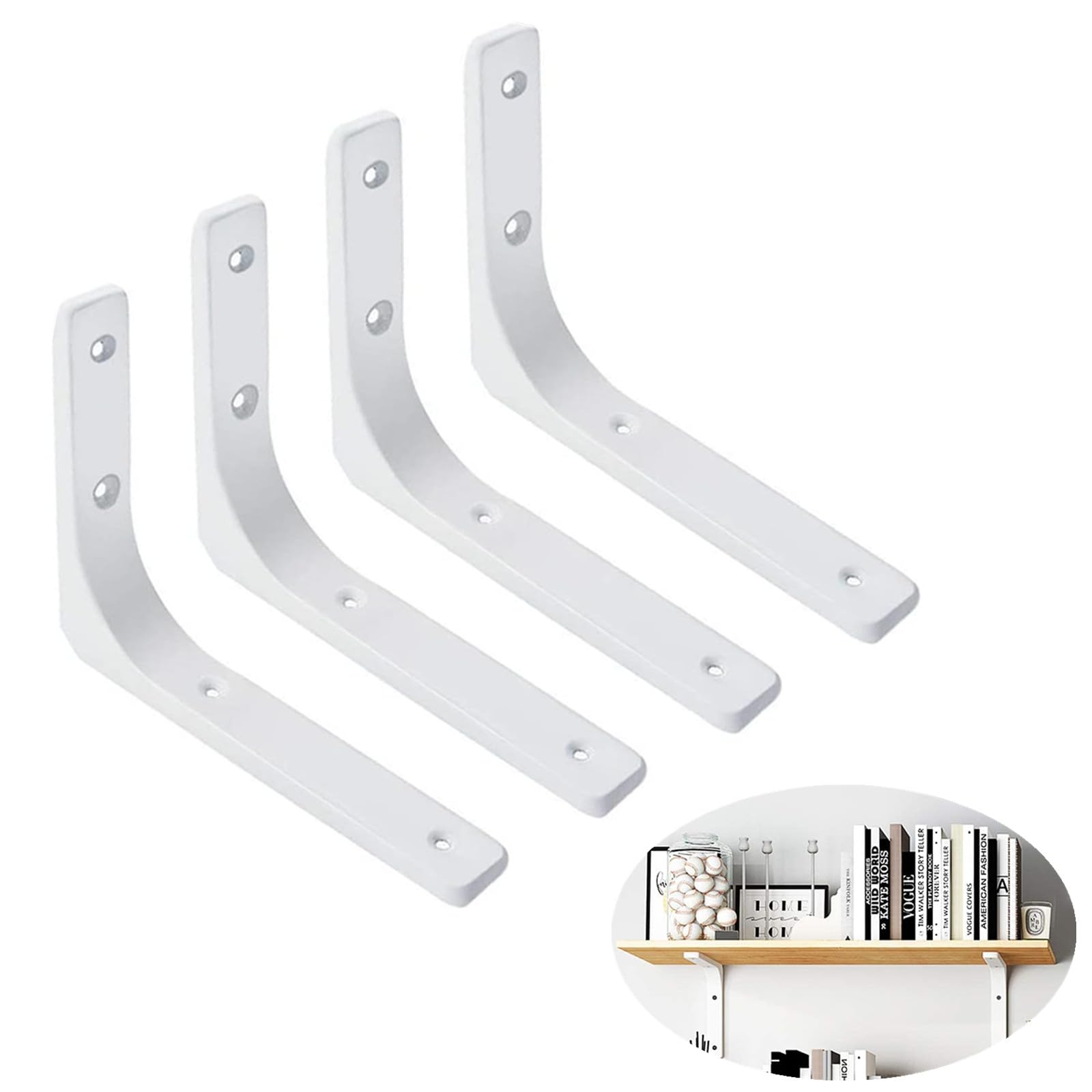 GNCLOUD 8 x 10 Inch Heavy Duty Wall Mounted Brackets, 4 Pcs L Shaped White Modern Decorative Support for Bookshelf, Wall and Garden Shelf