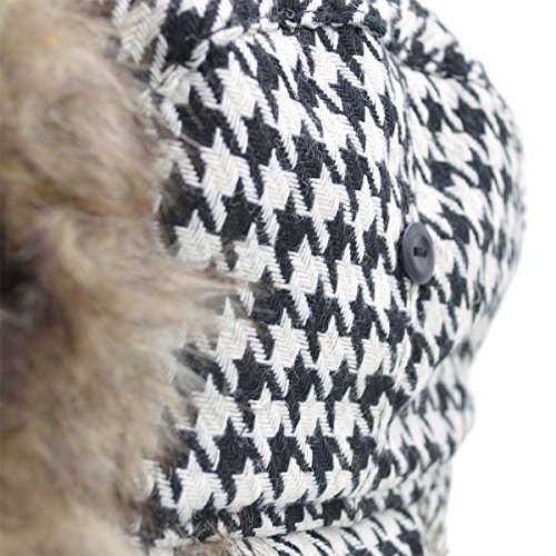Winter Houndstooth Faux Fur Trapper Ski Snowboard Hunter Hat, Black/White