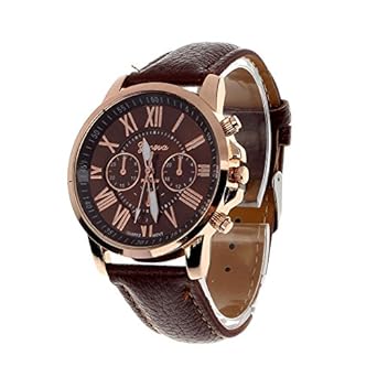 Shocknshop Geneva Brown Color Unisex Watches Roman Numerals Fau PU Leather Analog Quartz Women Men Casual Relogio Wrist Watch