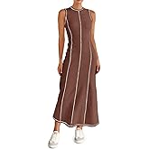 Wenrine Womens Tank Maxi Dress Sleeveless Crew Neck Knit Ribbed Summer Contrast Stitch Dresses