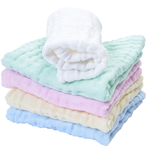 Baby Muslin Washcloths Natural Organic Cotton Baby Face Towels Soft Newborn Baby Wipes as Bath Shower Set 12x12 inches 5 Pack by Kinmbra