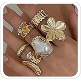 LKingel Chunky Gold Rings for Women Stackable Knuckle Ring Set Adjustable Gold Pearl Dome Rings Set Geometric Chunky Statement Bold Fashion Rings for Women