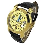 YouYouPifa Specials Golden Skeleton Dail Black Leather Strap Automatic Mechanical Watch