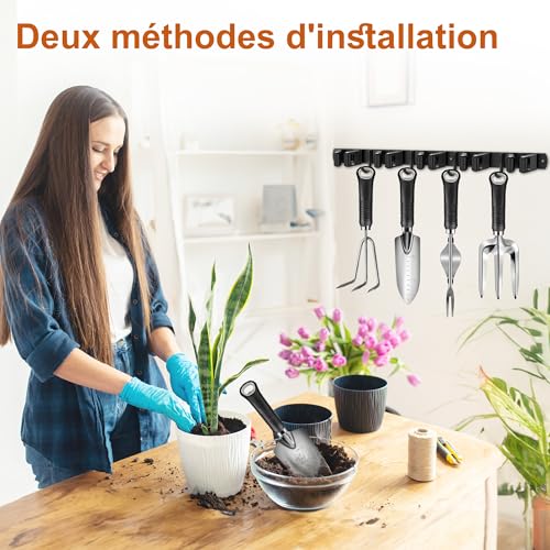 OMerima Wall Mounted Broom Holder, Stainless Steel Broom Holder - 10 Brackets + 8 Hooks, Wall Mounted Broom Holder Without Drilling Black, Can Be Used in Kitchen, Bathroom, Garden, Garage (2 Pieces)