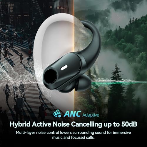 Active Noise Cancelling Ear Buds Wireless Earbuds 80H Playtime Bluetooth Headphones Over Ear Hooks Earphones with Power Display Case Hi-Res Stereo & Clear Calls for Sports Running Gym Workout Black