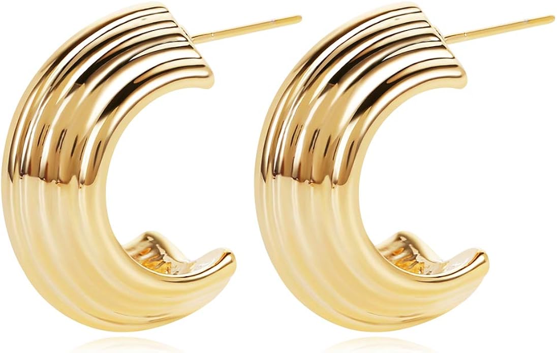 Thick Chunky Half Open Hoop Earrings for Women, 14K Gold