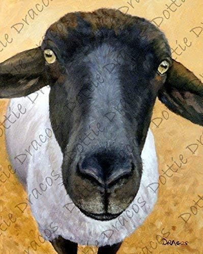 Suffolk Sheep Art Print, black and white sheep on gold background,Suffolk sheep, sheep, Print of Original Painting by Dottie Dracos