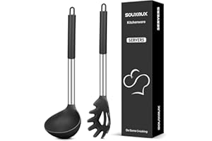 Silicone Pasta Fork and Soup Ladle Set, Non-Stick BPA Free Heat-Resistant Handy Kitchen Utensils for Cooking, Serving, Draini