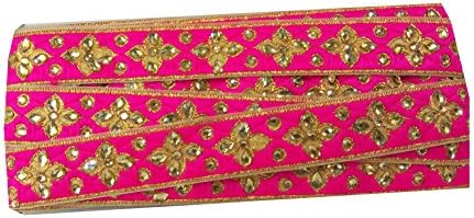 9 yard lace saree border trim applique Pink Brocade fabric Gold Embroidered, Stone