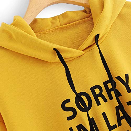 Tsmile Women Long Sleeve Activewear Hoodie Sweatshirt Letters Print Drawstring Hooded Plain Pullover Tops Blouse Yellow