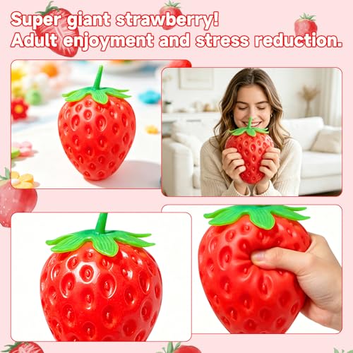 8in Giant Strawberry Squishy, Jumbo Big Cute Realistic Strawberry Stress Ball Soft Squishys Slow Rising Stress Ball for Anxiety Stress Party Favors