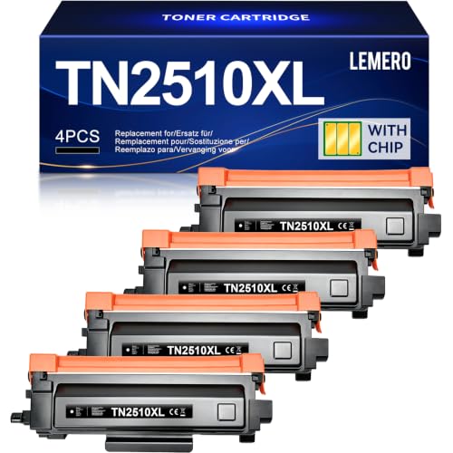 Lemero TN2510 TN2510XL Toner Compatible with Brother MFC-l2827dw Toner HL-L2400DWE MFC-L2800DW MFC-L2835DW MFC-L2860DW HL-L2445DW DCP-L2660DW DCP-L2627DW HL-L2400DW (Pack of 4) Black with Chip