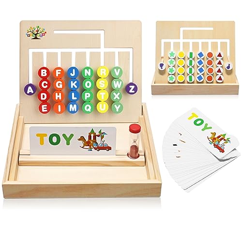 Wooden Montessori Toys for Kids 2 3 4 5 6 7 8 Years Old, Alphabet Learning Toys with 34 Cards, Color & Shape Matching Slide Puzzles Brain Teaser Logic Board Games for Preschool Kindergarten Homeschool