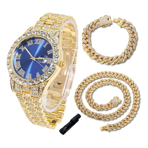 Halukakah Diamonds Gold Watch Iced Out for Boy Teens Kids - 18K Real Gold/Platinum Plated,42mm Blue/Green/Red Dial,Japanese Quartz - 8
