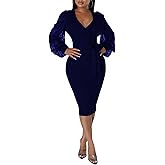 BestGirl Women's Bishop Sleeve Dresses V Neck Casual Party Work Sheath Midi Dress