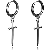 Aloluo Black Dagger Sword Cross Dangle Drop Small Hoop Earrings for Women Men Stainless Steel Hypoallergenic Huggie Hoops Dangling Earring Unisex Fashion Punk Hip Hop Minimalist Jewelry Gifts