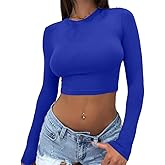 Dwnval Women's Long Sleeve Crop Tops Y2K Crewneck Cute Sexy Slim fit Cropped T Shirts