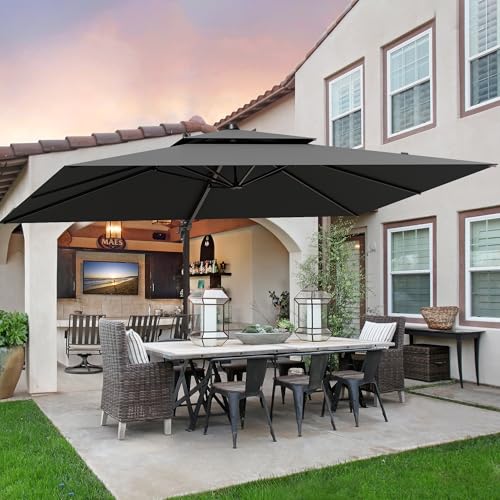 ZLACUIU 9x12FT Grey Cantilever Outdoor Patio Umbrella with Base, Large Rectangular Offset Design, Double Top Heavy Duty Aluminum Frame & 360° Rotation for Pool Garden Deck Backyard