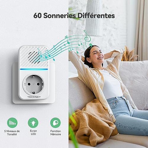 TECKNET Wireless Doorbell Kit, 400M Self-Powered Wireless Doorbell with 2 Receivers, IP65 Chime Kit with Tomas USB Externas y Luz LED, 60 Melodies, 5 Volume Levels
