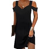 LOVESHOOT Size L Pure Black Women Cold Shoulder Dress 2025 Summer Casual Elegant Boho Midi Floral V Neck A-Line Beach Vacation Sun Dresses