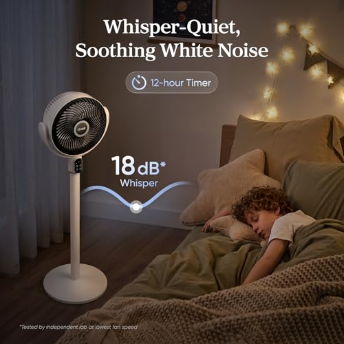 Levoit Standing Fan for Bedroom, 18dB Whisper Quiet Pedestal Fan for Sleep, 1024 CFM Ultra-High Airflow, 90° Oscillating Floor Fan, Remote, DC Motor, 5 Speeds, 12H Timer, For Home, Room, Office, White