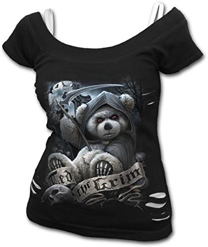 Spiral - TED THE GRIM - TEDDY BEAR - Womens 2in1 White Ripped Top Black (Medium)
