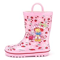 KomForme Kids Girl Boy Rain Boots, Waterproof Rubber Printed with Handles,Cherry and Strawberry, 2 M Big Kid