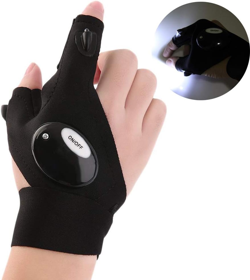 Ytuomzi Fingerless LED Flashlight Gloves Outdoor Night Fishing Glove with 2 LED Lights Rescue Tools,Waterproof Led Two Fingers Glove Lights for Night Activities - Black