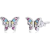 VOROCO 925 Sterling Silver Earrings,Hypoallergenic Flat Back Stud Earrings,Butterfly Insect Small Animals Cute Earrings for Women
