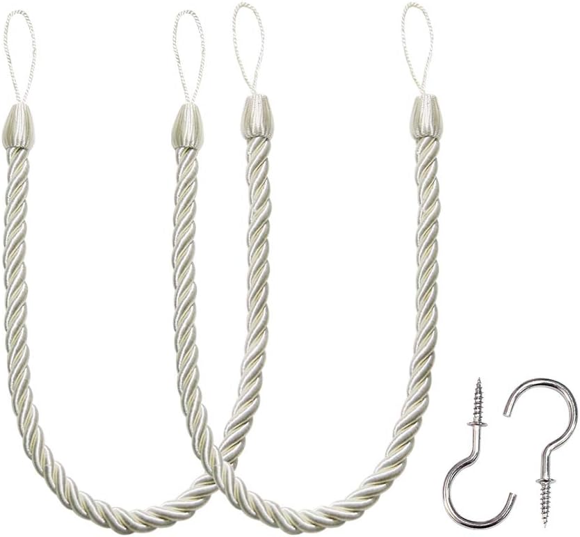 BEL AVENIR Curtain Tiebacks Ropes Tie-Backs, Handmade Curtain Holdbacks with 2 Metal Screw Hooks (Cream, 2pack)