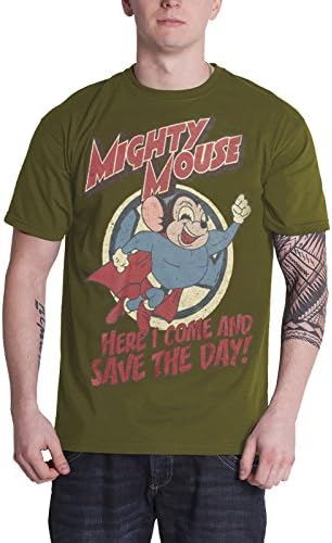 Mighty Mouse T Shirt Here I Come To Save The Day Logo Official Mens Dark Green