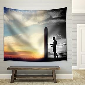 Man Trying to Open Door to a New Better World. - Fabric Wall Tapestry Home Decor - 51x60 inches