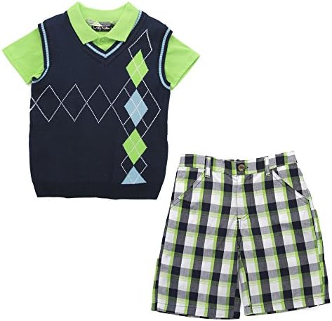 Boys Three Piece Polo, V Neck Sweater Vest and Shorts Set, Green/Blue Argyle/Green-Blue Plaid, 4T