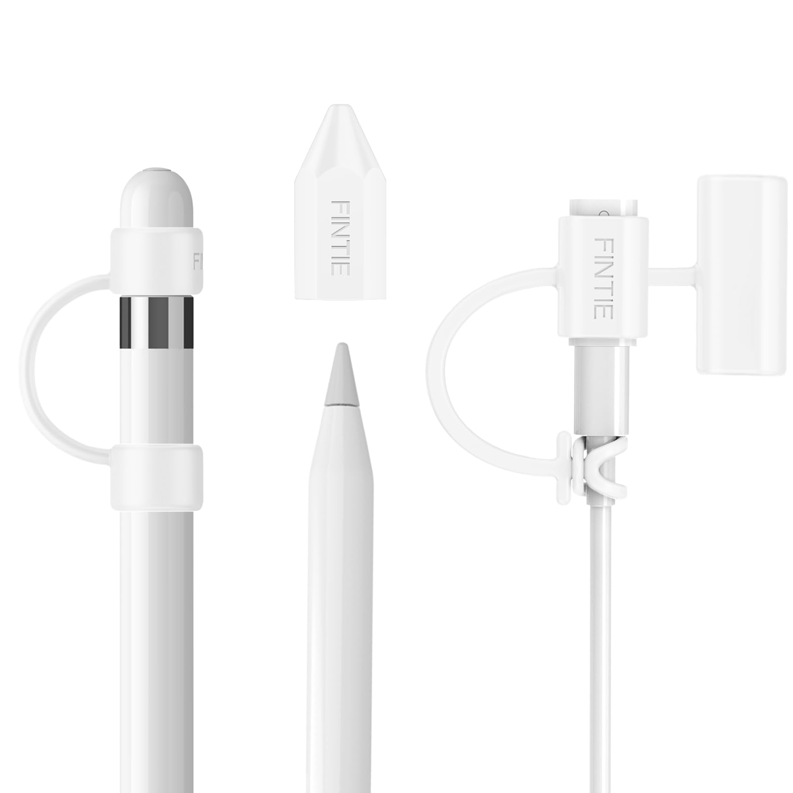 3 Pieces Silicone Bundle Compatible with Apple Pencil 1st Generation, Soft Protective Cover Accessories Pencil Cap Holder with Nib Cover, Cable Adapter Tether, White