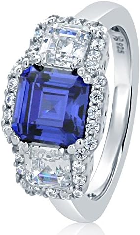 Sterling Silver 2ct Step Cut Simulated Tanzanite 3 Stone Wedding Anniversary Ring 10MM (Size 5 to 10), 9