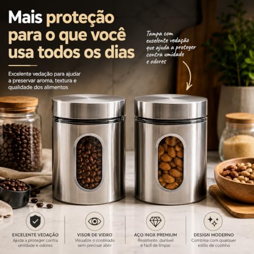 Kit Com 2 Potes Vidro Vítreo Revestido Em Inox 630ML Tampa Com Vedação e Visor - Ideal para Armazenar Café, Açucar, Sal, Grãos e Mantimentos - Super Resistente - Cantinho Do Café