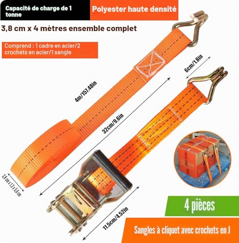 4 Sets of Tie Down Straps, 2000 kg Resistance, 4 m × 38 mm Towing Straps, Ratchet Strap with Hook, Tightening Straps with Ratchet Tensioner for Trailers, Motorcycles, Cars
