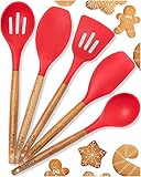 Silicone Cooking Utensils Non Stick- For All Your Cooking And Serving Needs - Stylish Multipurpose Kitchen Utensil Set With Comfortable Acacia Wooden Handles And Silicone Heads In Canvas Bag (Red)